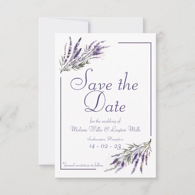 Lavender Dreams: Wasserfarbe Save the Date einlade (Vorderseite)