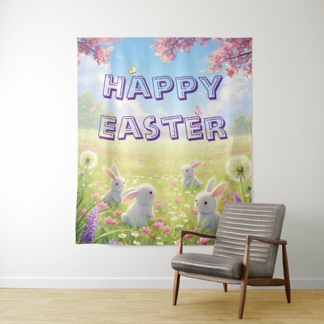 Lavender Easter Cute White Bunny Floral Spring  Wandteppich (Beispiel)