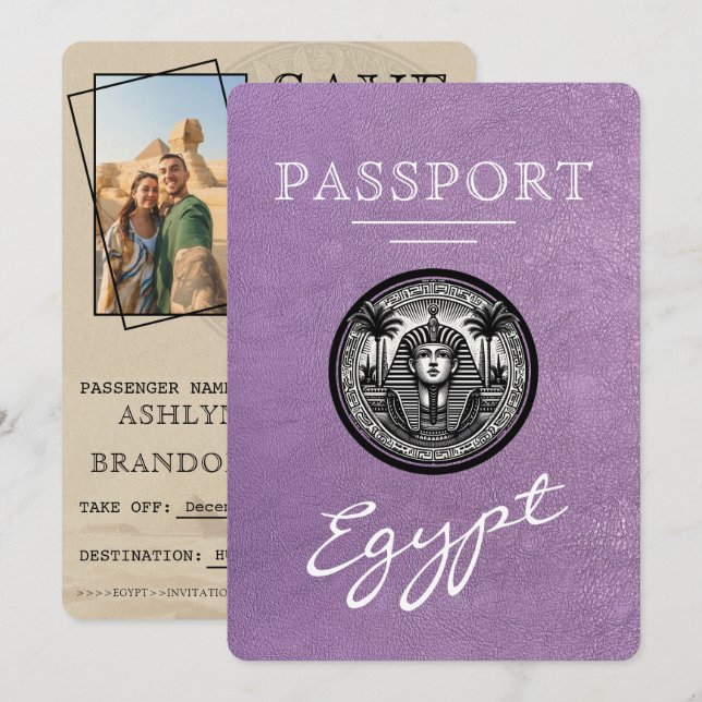 Lavender Egypt Passport Wedding Save the Date (Vorne/Hinten)
