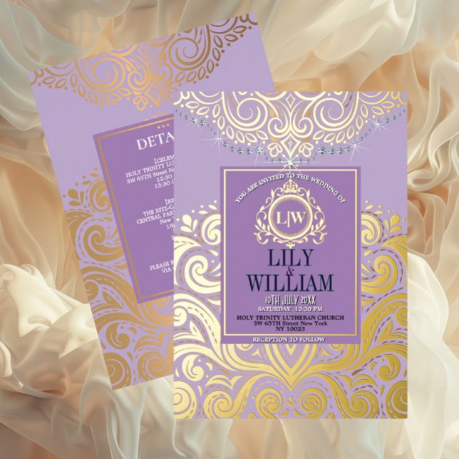 Lavender Elegant Artdeco Diamond Monogram Wedding Folieneinladung (Luxurious Elegant Classic Boho Wedding Invitation - Real Foil and Monogram)