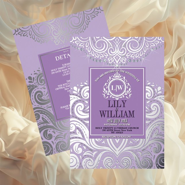 Lavender Elegant Artdeco Diamond Monogram Wedding Folieneinladung (Luxurious Elegant Classic Boho Wedding Invitation - Real Foil and Monogram)