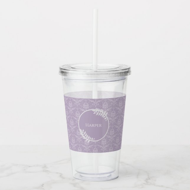 Lavender Elegant Damask Personalisiert Acryltrinkbecher (Vorderseite)