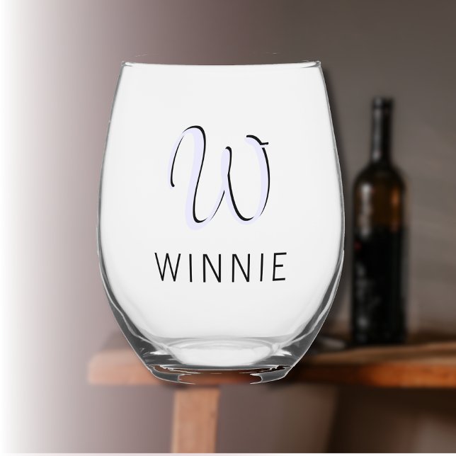Lavender Elegant Initial Black Name | Modern Weinglas Ohne Stiel (Von Creator hochgeladen)