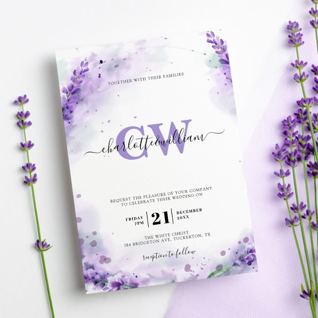 Lavender Elegant Watercolor Monogram Wedding Einladung (Von Creator hochgeladen)