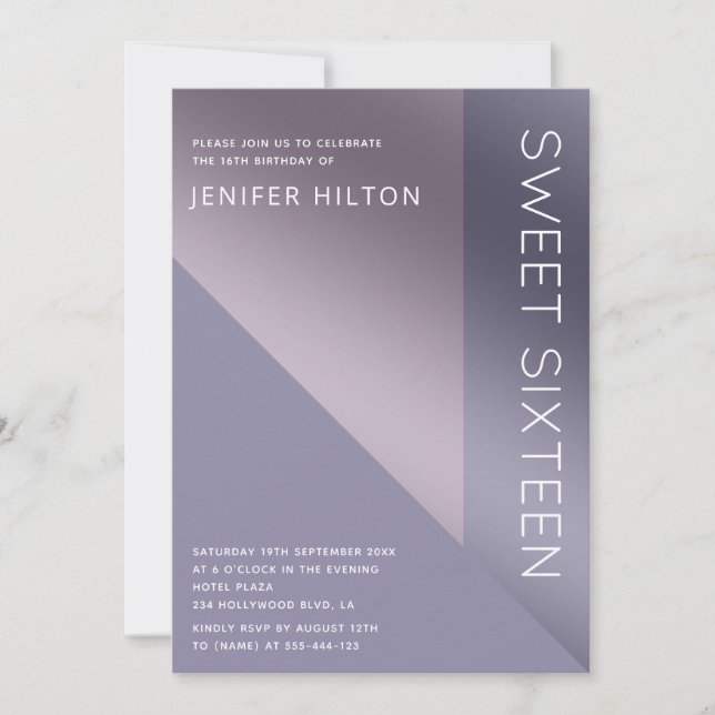 Lavender elegante Farbblock 16 . Geburtstag Einlad Einladung (Vorderseite)