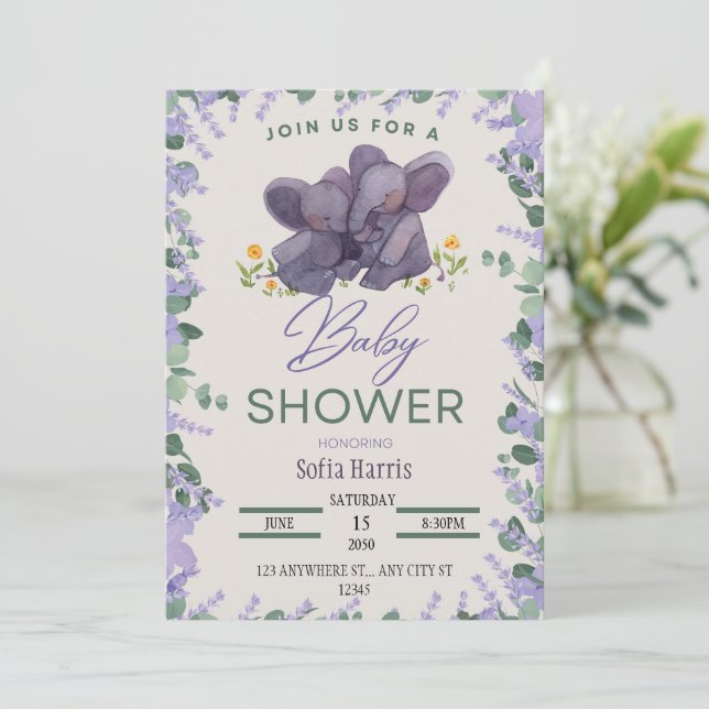 Lavender Elephant Baby Dusche Einladung (Stehend Vorderseite)