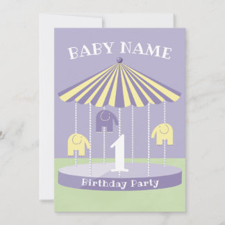 Lavender Elephant Carousel 1. Geburtstag Einladung