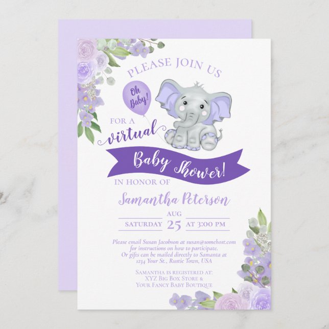 Lavender Elephant & Floral Virtual Baby Dusche Einladung (Vorne/Hinten)