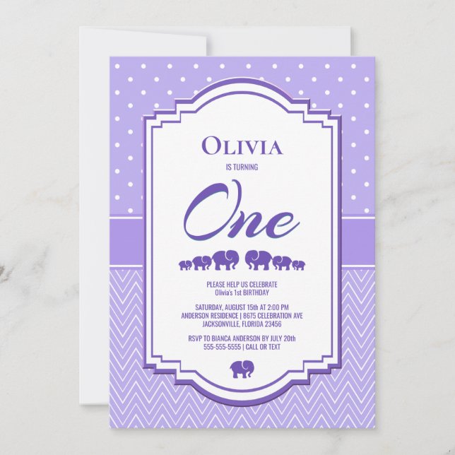 Lavender Elephants 1. Geburtstag Party Einladung (Vorderseite)