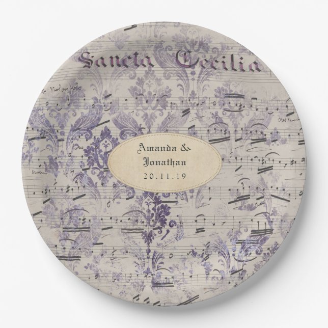 Lavender Ephemera Musiknotens Wedding Pappteller (Vorderseite)