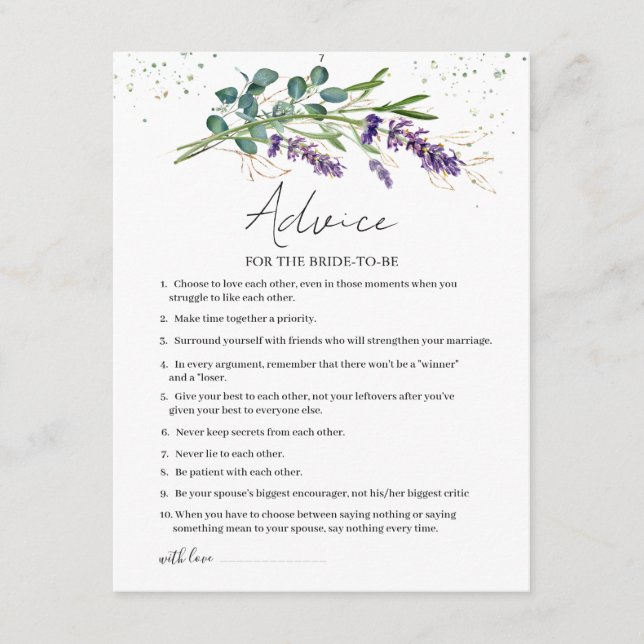Lavender Eucalyptus Advice for Bride-to-be Hinweiskarte (Vorderseite)