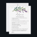 Lavender Eucalyptus Advice for Bride-to-be Hinweiskarte<br><div class="desc">Der Ratgeber für die zukünftige Bride-to-be-Karte zeigt eine Aquarellbilder für lila Lavendel-Blume und Eukalyptusfolien im Aquarellstil. Oben auf der Karte - grüner Effekt Konfetti.</div>