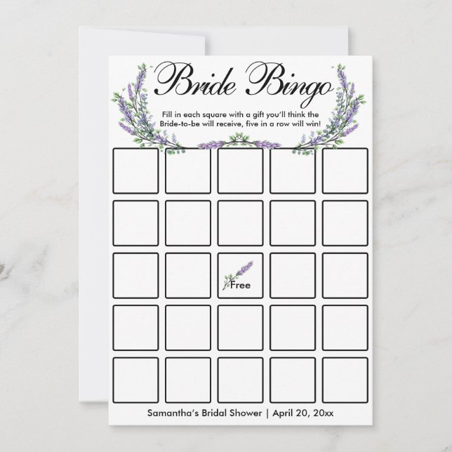 Lavender eucalyptus elegante Bridal Bingo Spielkar Einladung (Vorderseite)