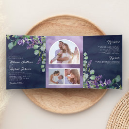 Lavender Eucalyptus Foto Arch Navy Blue Wedding Dreifach Gefaltete Einladung