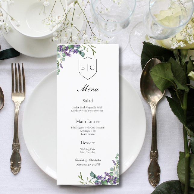 Lavender Eucalyptus Monogram Wedding Menu (Monogram Initials Lavender Eucalyptus Wedding Menu)