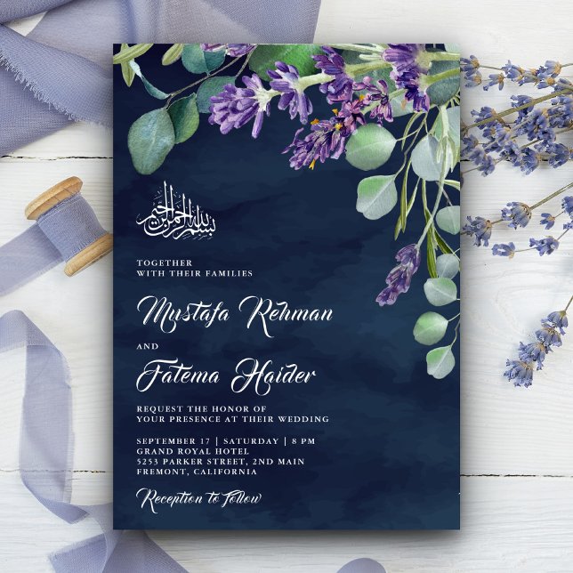 Lavender Eucalyptus Navy Blue Islamic Wedding Einladung (Von Creator hochgeladen)