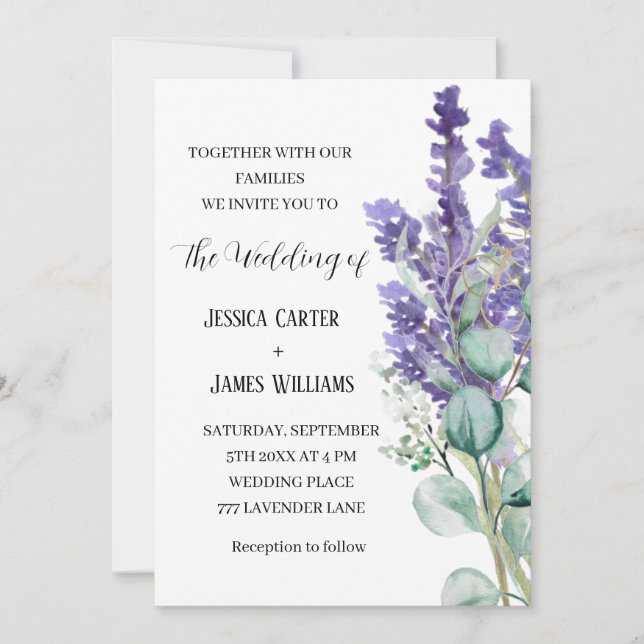 Lavender Eucalyptus Rustic Elegante Wedding Einladung (Vorderseite)