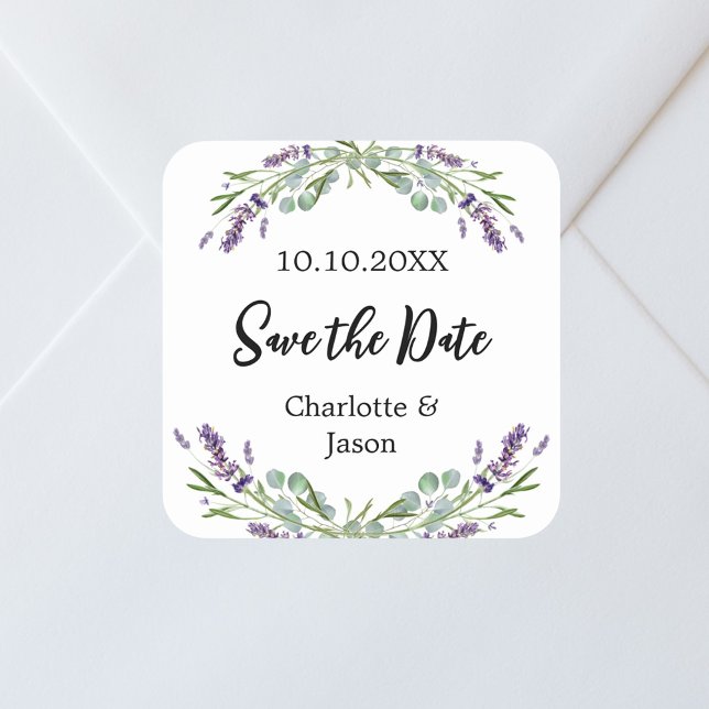Lavender eucalyptus wedding Save the Date Quadratischer Aufkleber (Von Creator hochgeladen)