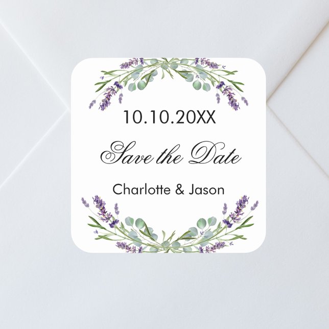 Lavender eucalyptus wedding Save the Date Quadratischer Aufkleber (Von Creator hochgeladen)