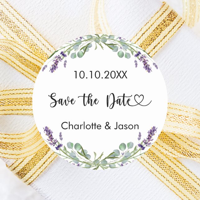 Lavender eucalyptus wedding Save the Date Runder Aufkleber (Von Creator hochgeladen)