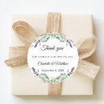 Lavender eucalyptus wedding thank you runder aufkleber<br><div class="desc">Seal your wedding favors with this elegant lavender thank you sticker. The design features a delicate watercolor wreath of purple lavender sprigs and soft green eucalyptus foliage. These labels are perfect for late summer or fall weddings following a rustic garden theme.</div>