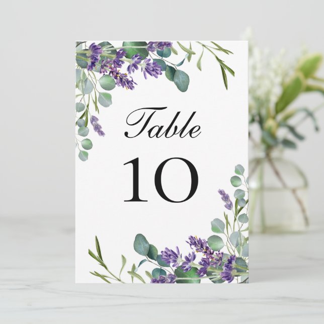 Lavender Eucalyptus Wedding Tischnummer Cards (Stehend Vorderseite)