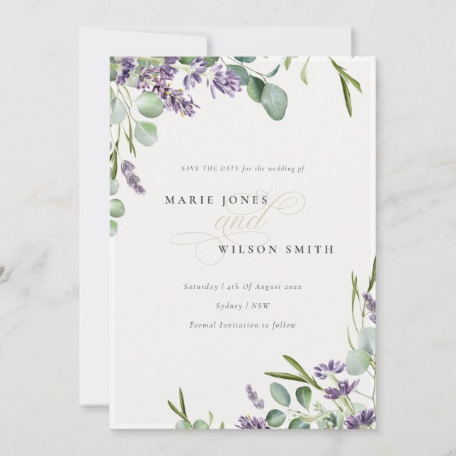 Lavender Eukalyptus Leafy Bunch Save the Date Card Dankeskarte (Vorderseite)