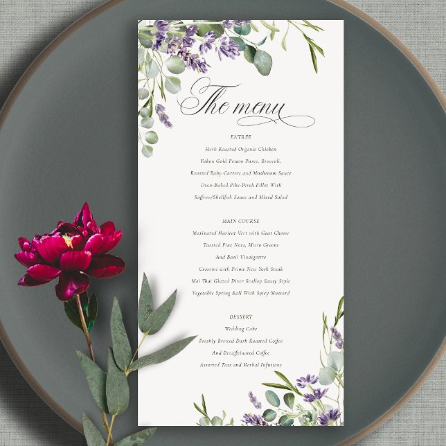 Lavender Eukalyptus Leafy Bunch Wedding Menu Card Dankeskarte (Von Creator hochgeladen)