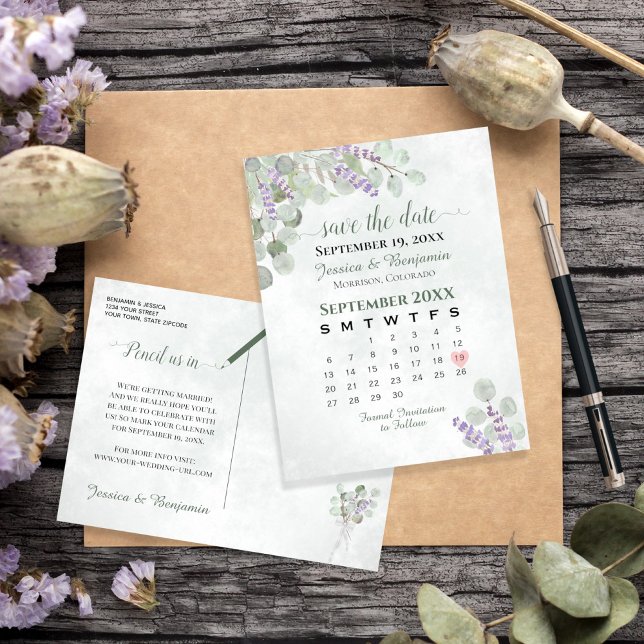 Lavender Eukalyptus Wedding Save the Date Calendar Ankündigungspostkarte (Von Creator hochgeladen)
