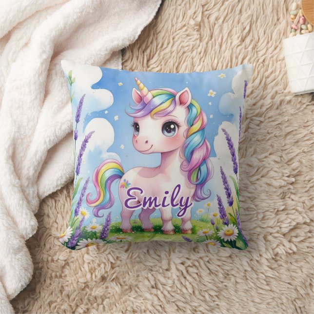 Lavender Field Unicorn Editable Name Pillow Kissen (Decke)