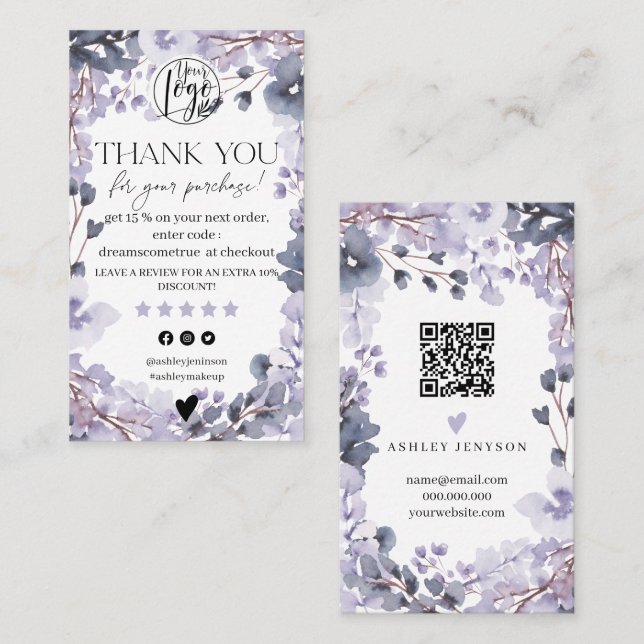 Lavender floral Aquarell-Auftrag Vielen Dank Visitenkarte (Vorne/Hinten)