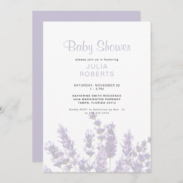 Lavender Floral Baby Dusche Einladung (Vorne/Hinten)