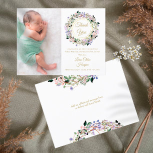 Lavender Floral Baby Photo Gold Thank You Birth Ankündigungspostkarte