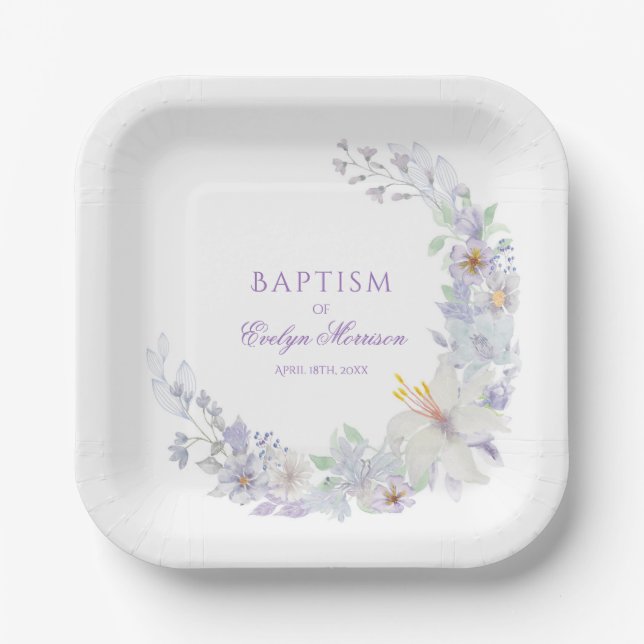 Lavender Floral Baptism Paper Plates Pappteller (Vorderseite)