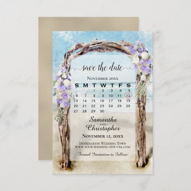 Lavender Floral Beach Arbor & Calendar Wedding Save The Date (Vorne/Hinten)