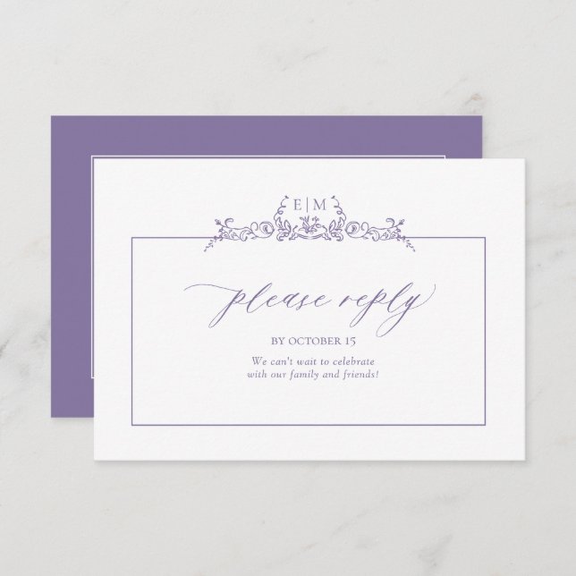 Lavender Floral Border Monogram Wedding RSVP Karte (Vorne/Hinten)