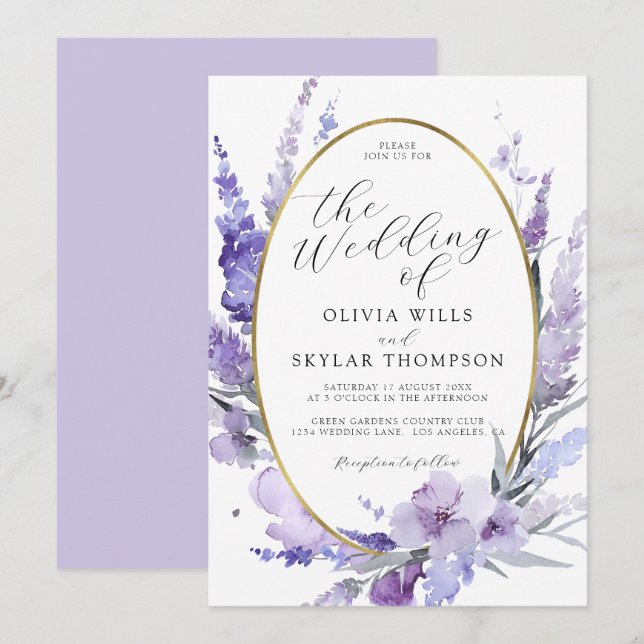 Lavender Floral Botanical Lilac Gold Wedding Einladung (Vorne/Hinten)