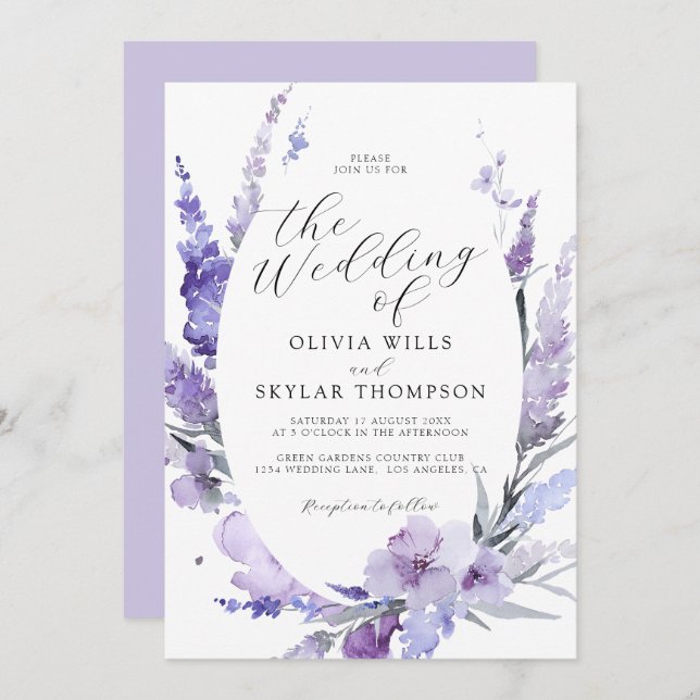 Lavender Floral Botanical Lilac Mauve Wedding Einladung (Vorne/Hinten)