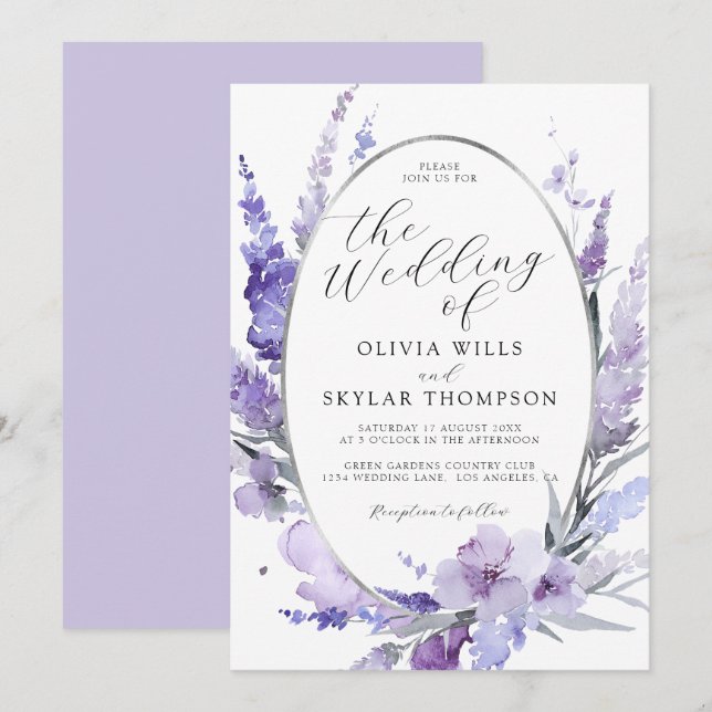 Lavender Floral Botanical Lilac Silver Wedding Einladung (Vorne/Hinten)