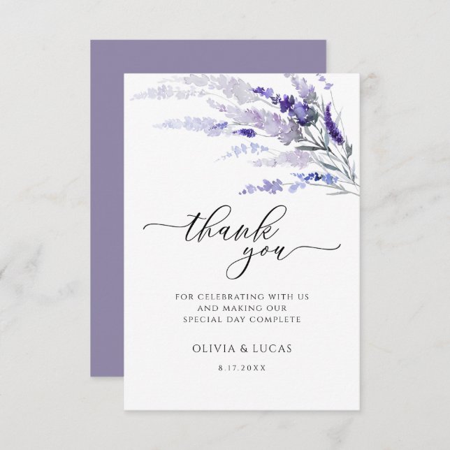Lavender Floral Botanische Wildblume Lilac Wedding Dankeskarte (Vorne/Hinten)