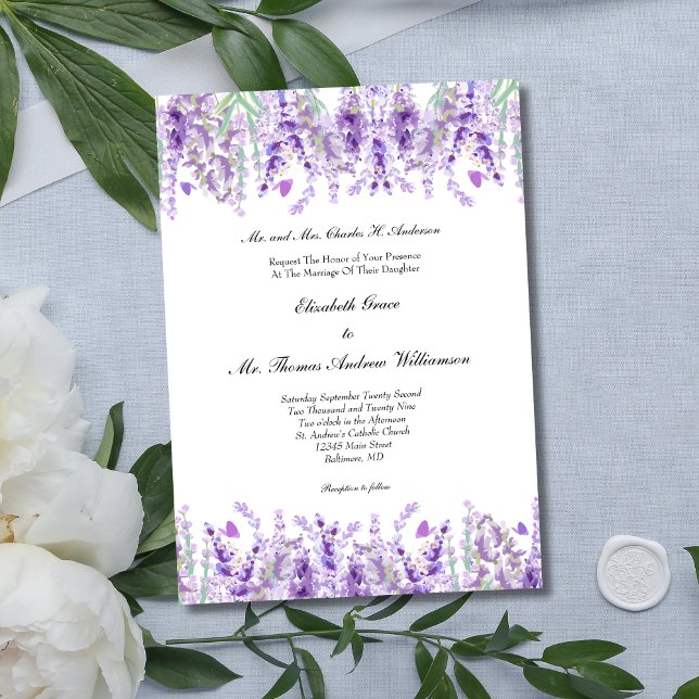 Lavender Floral Botanisches Elegantes Hochzeitsfes Einladung (Lavender Floral Botanical Elegant Watercolor Wedding Invitation)