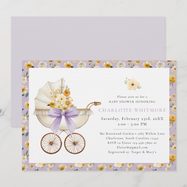 Lavender Floral Carriage Baby Shower Invite Einladung (Vorne/Hinten)