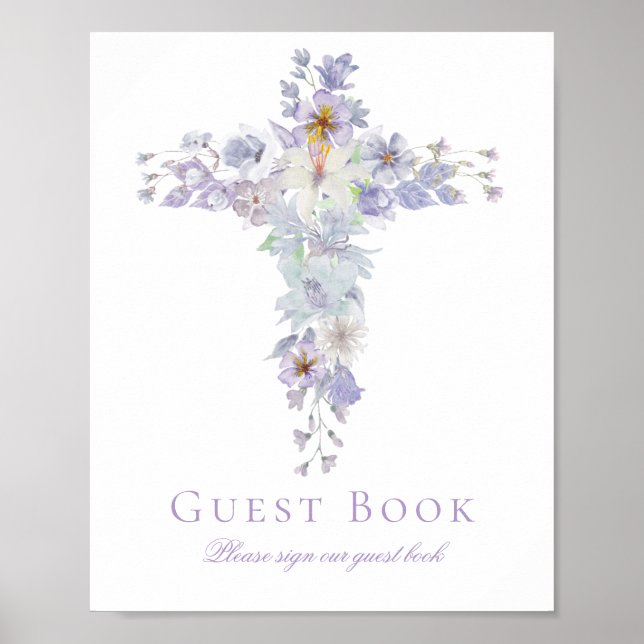 Lavender Floral Cross Baptism Guest Book Sign Poster (Vorne)