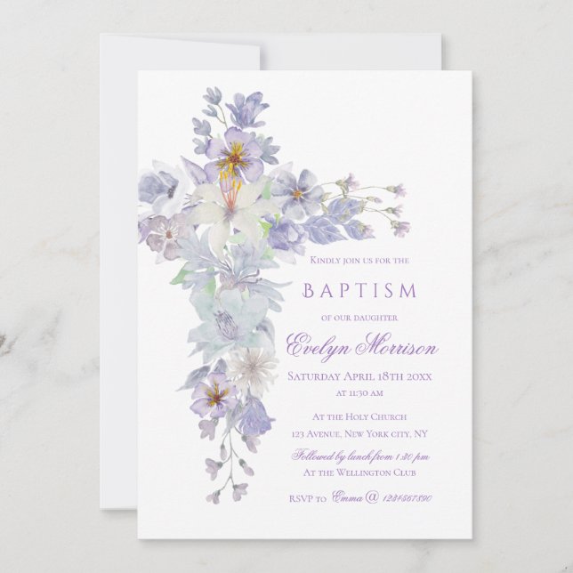 Lavender Floral Cross Baptism Invitation Einladung (Vorderseite)