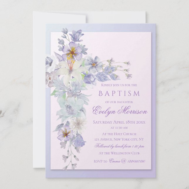 Lavender Floral Cross Baptism Invitation Einladung (Vorderseite)