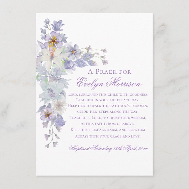 Lavender Floral Cross Baptism Prayer Card Begleitkarte (Vorderseite)