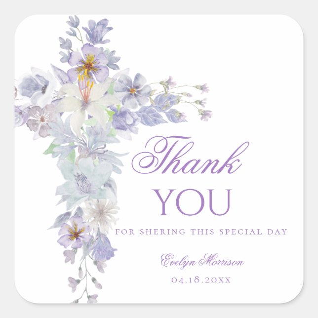 Lavender Floral Cross Baptism Sticker (Vorderseite)