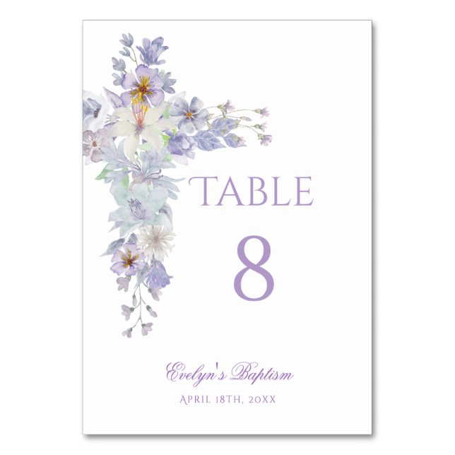 Lavender Floral Cross Baptism Table Number Tischnummer (Vorderseite)