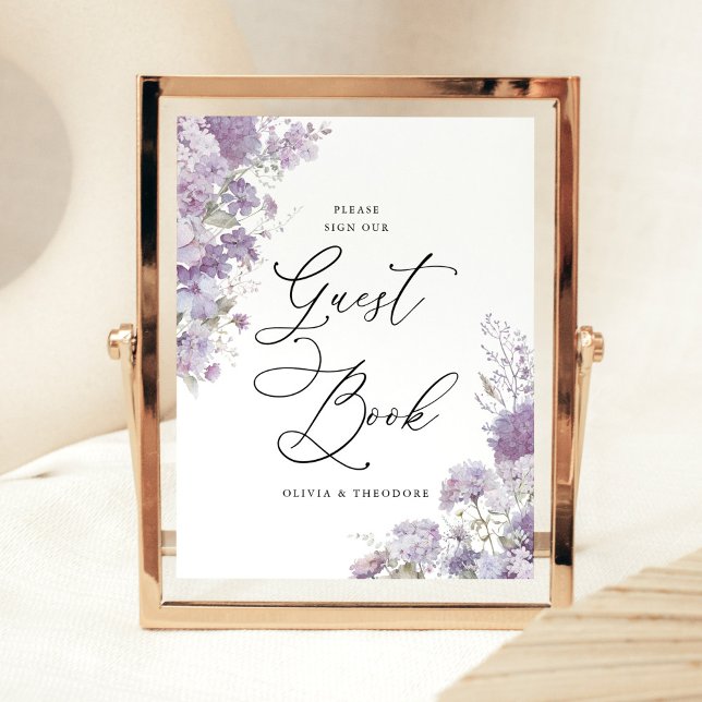 Lavender Floral Elegant Guest Book Wedding Table Sockelschild (Lavender floral guest book wedding sign with watercolor flowers, elegant purple reception signage)