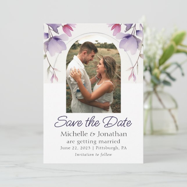 Lavender Floral Foto Bible Verse Hochzeit Save The Date (Stehend Vorderseite)